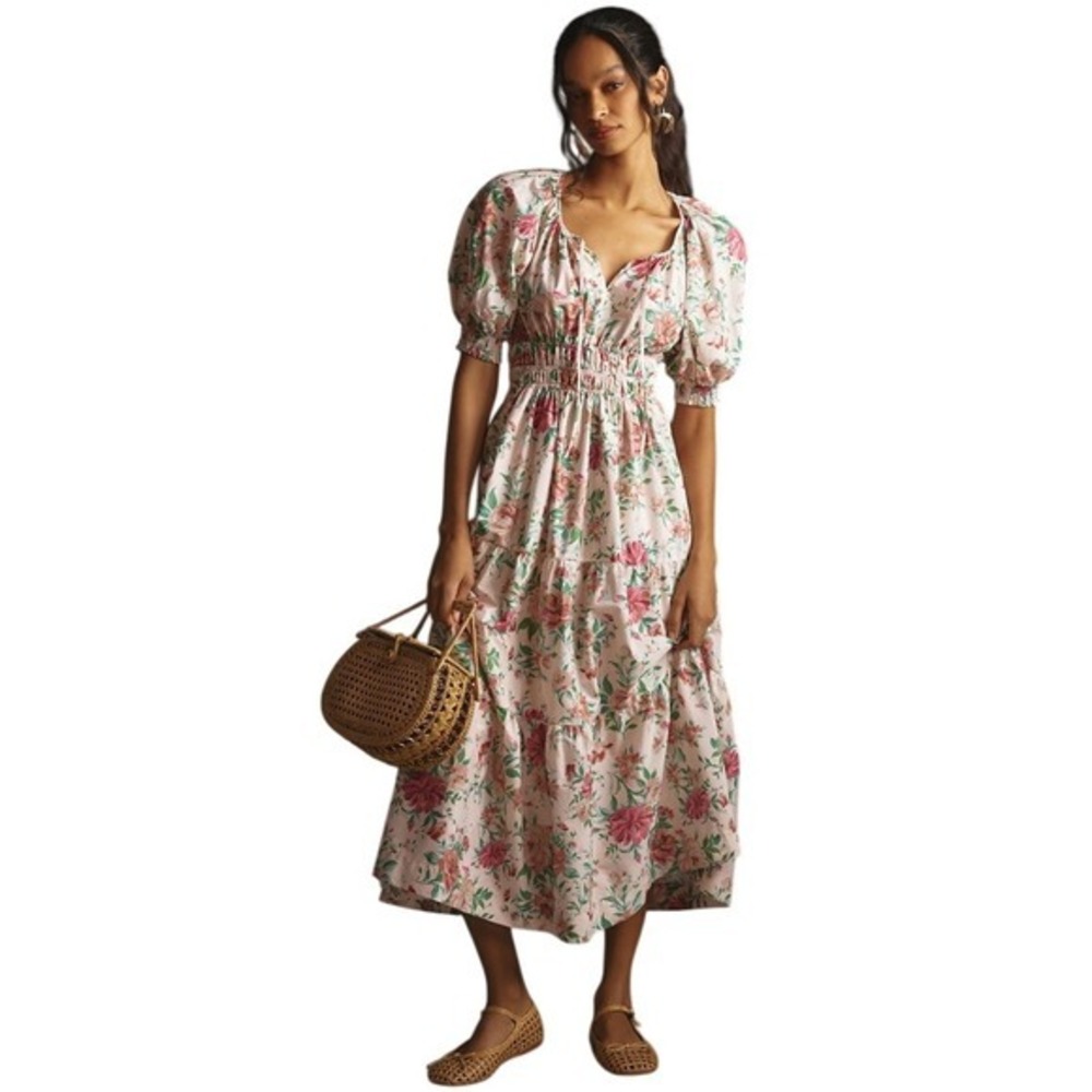 Anthropologie Somerset Maxi Dress Pink Floral Smocked Puff Sleeve Cotton XSP